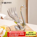 广意不锈钢水果叉点心蛋糕月饼叉甜品叉创意天鹅座+小叉子5支装GY7557