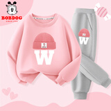巴布豆女童套装春秋款儿童卫衣甜美风童装女孩宽松百搭中大童长袖秋装 粉 粉色帽小丽+灰 粉色帽小丽X 100