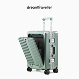 梦旅者商务拉杆箱pc万向轮前开盖铝框行李箱男电脑登机密码箱女旅行箱子 晨雾绿色卡扣 20英寸 （箱体破裂一年内换新）