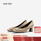 NINE WEST/玖熙牛漆皮革女单鞋优雅方头浅口粗跟通勤鞋NH434045FK杏色 37
