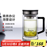 希诺（HEENOOR）双层玻璃杯男士耐热防烫带把带手柄商务办公玻璃水杯过滤茶杯子 时尚拉丝杯盖-不锈钢部件420ml