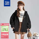 唐狮（TonLion）2025针织外套女休闲卫衣开衫连帽上衣 加绒款/黑色 XL