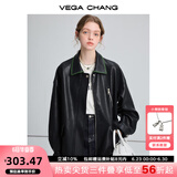 VEGA CHANG黑色皮衣女2025春秋宽松显瘦机车风pu皮短外套 松绿黑 S
