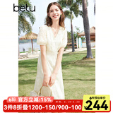 百图betu女装夏季新款连衣裙V领绣花花边拼接X型连衣裙女2403D07 米白 L