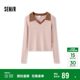 森马毛衣女短款修身显瘦简约春秋撞色polo领毛衫复古109524107003