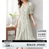 尚都比拉夏季法式碎花连衣裙泡泡袖茶歇裙气质女神范裙子 杏底蓝花 M 