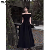 棉致黑色一字肩连衣裙女夏季2025新款法式气质性感收腰显瘦露肩长裙 x7290黑色【高品质38.5】 L 110-120斤