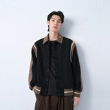 太平鸟男装夹克宽松休闲外套质感翻领撞色拼接 黑色1（阔型） XL