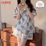 古今（GUJIN）夏季带胸垫新品100%纯棉睡衣女棉纱家居服可外穿睡裤大码套装L