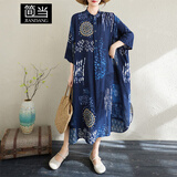 简当（JIANDANG）大码女装夏季宽松文艺度假风沙滩裙胖MM复古遮肉长款连衣裙5909 蓝色带扣款 均码 【200斤以下】