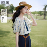 香影波西米亚度假风蓝色碎花衬衫女夏2026新款含亚麻圆领上衣小衫 航线蓝 衬衫 XL 170/92A/125-140斤