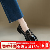ZHR乐福鞋女漆皮软底粗跟单鞋女气质时尚一脚蹬懒人鞋金属扣英伦风小皮鞋女 CG12 黑色 39 