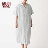无印良品 MUJI 女式 法国亚麻水洗 五分袖开襟连衣裙 BCL08C0S 银灰色 M-L