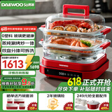 大宇（DAEWOO）【一锅六用】方形玻璃电蒸锅 多功能炖蒸煮一体蒸汽锅分体可拆洗煎烤涮火锅不锈钢S31红色（标配）