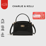CHARLIE&KELLI CK品牌轻奢包包女包鳄鱼纹凯莉包女款手提斜挎包七夕情人节礼物 黑色【京仓配送 赠品牌礼袋】