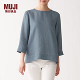 无印良品 MUJI 女式 亚麻水洗 七分袖罩衫 BCA01C0S 烟熏蓝色 M