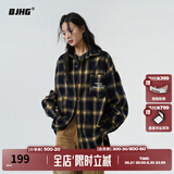 BJHG不计后果春季刺绣撞色复古格子衬衫男潮牌新款港风宽松衬衣外套女 黄蓝格纹 M