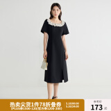 独束大码女装优雅蕾丝花边领小黑裙夏装赫本风高腰A字中长款裙子 赫本黑-长款 2XL (尺码：4)