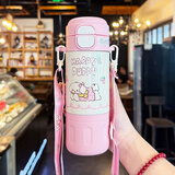 GULOO儿童保温杯女孩库洛米双饮吸管水杯316不锈钢小学生上学专用水壶 粉白色 480ml 【送背带+双饮】