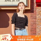 西遇复古方领针织短袖女2024年夏季新款褶皱高腰短款t恤女纯色小个子 黑色(D0300873) S
