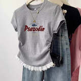 心楠美式灰色正肩蕾丝短袖t恤女2025夏季新款设计感褶皱短款收腰上衣 美式灰色蕾丝短袖【M】90-110斤