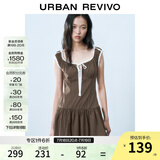 UR2025春季新款女装撞色蕾丝飘带U领无袖修身连衣裙UYY750014 深棕色 XL