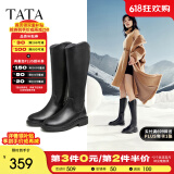 他她（TATA）黑色V口长筒靴女英伦加绒抗寒高筒靴骑士靴冬季G5JA1DG2 黑色（单里） 36