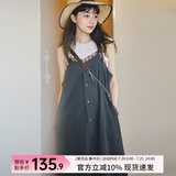 马登女装 格纹拼接吊带裙慵懒风显瘦A字裙宽松连衣长裙无袖夏 藏蓝色 S