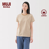 无印良品（MUJI）女式 天竺编织 圆领短袖T恤 上衣打底衫女款25年夏季女装内搭 暗黄色条纹 BB2SBA5S XL (165/92A)