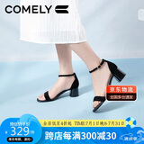 康莉（COMELY）一字带凉鞋女粗跟25年夏季羊皮中跟时尚百搭通勤时装凉鞋 黑色 37