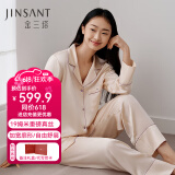 金三塔商场同款真丝睡衣女两件套100%桑蚕丝宽松情侣丝绸睡衣套情人礼物 金粉色（重磅19姆米） L