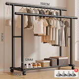 妙立简易晾衣架落地家用可移动挂衣架卧室室内凉衣杆宿舍单杆衣帽架子 【巨粗32管-双杆款】高级黑150cm 送轮子+底脚