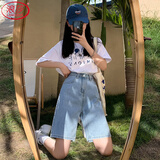 浪莎五分牛仔短裤女夏季2025新款直筒港味高腰宽松显瘦a字阔腿中裤潮