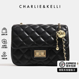 CHARLIE&KELLI CK品牌包包女包2025新款520情人节礼物链条菱格包小香风单肩斜挎 黑色浅金有logo（金色内里）