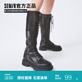 Semir官方正品切尔西靴女靴春秋季新款骑士靴增高显瘦长筒系带弹力靴女 黑色 38