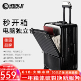 世界地理【新品】多功能行李箱男女前开盖铝框拉杆箱子旅行密码箱20登机 酷炫黑（经典款-电脑独立仓） 24英寸 -托运箱