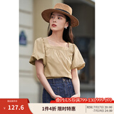 茵曼（INMAN）法式方领显瘦衬衫女士夏季新款气质泡泡袖宽松新疆棉衬衣 卡其色 -18225269H1 M