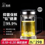希诺抗菌玻璃杯双层高档车载办公水杯男钛杯带手柄泡茶杯子XN-9005KT