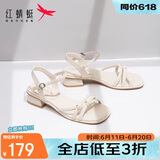 红蜻蜓高跟凉鞋女夏季法式一字带粗跟气质凉鞋 WLK24082 米色 37
