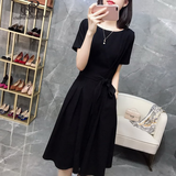 clotho Rennie品牌女装韩版短袖连衣裙女2025夏新款气质通勤休闲时尚收腰显瘦 黑色 S