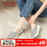 奥古狮登厚底帆布鞋女韩版老北京布鞋爆百搭妈妈鞋摇摇鞋坡跟休闲鞋懒人鞋 3301款条纹蓝色 40