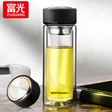 富光双层玻璃杯水杯男女车载家用高硼硅玻璃杯泡茶杯带茶隔玻璃杯子 黑色 500ml 双层玻璃直杯
