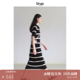 旅途原品（ltyp）真丝亚麻棉休闲V字翻领条纹针织连衣裙女直筒中长裙 杏黑色-经典条纹-真丝亚麻棉 XS -S/150-155cm（现货）