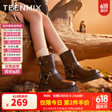 天美意靴子潮酷机车风简约时尚女中筒靴加绒NQX25DZ3 棕色（绒里） 36