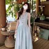 贞喜气法式新款气质小香风马甲背心连衣裙女夏季收腰显瘦长裙子显瘦百搭 浅蓝色 含口袋 M