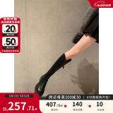 苏茵茵【蒋依依同款】女靴V口长筒靴粗跟高筒骑士靴加绒靴子女长靴冬季 黑色（单里） 37