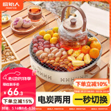原始人围炉煮茶电碳两用电炉烤火炉套装器具全套电烧烤炉家用围聚烤肉炉 室内推荐-奶油白【烤网款】