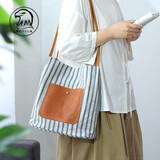 BOYCLN 手提包女 条纹帆布包潮单肩背包休闲轻便托特包大容量百搭通勤包 蓝色
