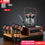 正扬电陶炉煮茶器胡桃木电茶炉玻璃泡茶蒸煮烧水壶功夫茶具套装家用小 胡举物如意提六竹环+架长琴黑