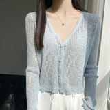 瑟空（SEKONG）2025春秋新款冰丝短款针织开衫百搭披肩外搭罩衫空调衫小外套YYN 木耳边 蓝色 均码